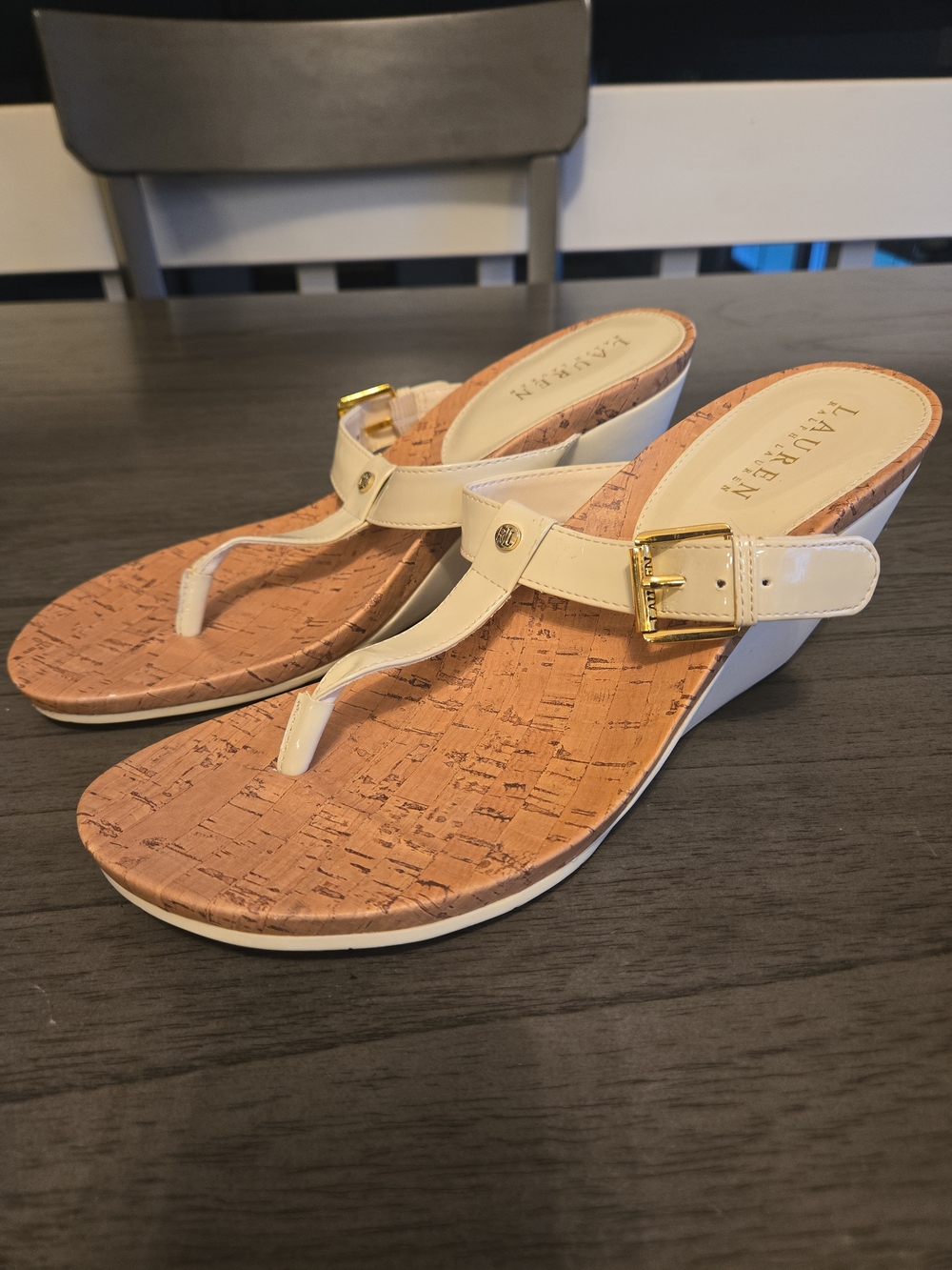 RALPH LAUREN Shoes Wedge Sandals Patent Leather T-Strap Cork US 10 White